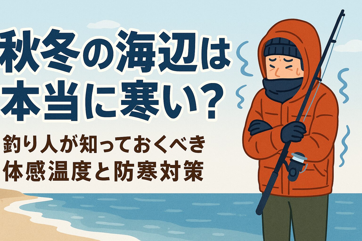 秋冬の海辺は、気温よりも風が釣り人を冷やす最大の要因。風速1mで体感温度が約1℃下がるため、気温10℃の日でも風速5mなら5℃以下の寒さを覚悟する必要があります。釣太郎