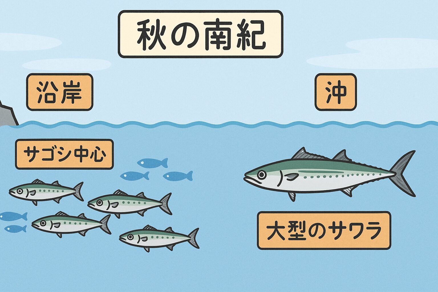 南紀の秋にサゴシが多く釣れるのは、沿岸に若魚が集まりやすい環境と季節的な成長段階が重なるため。釣太郎