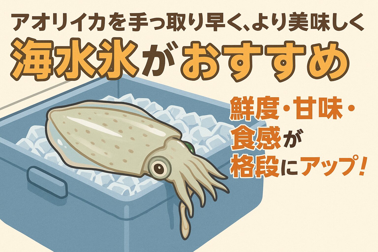 アオリイカを手っ取り早く美味しく食べたいなら海水氷が最強。
・0℃以下でも凍結しない特性で細胞を守り、鮮度・甘み・透明感をキープ。釣太郎