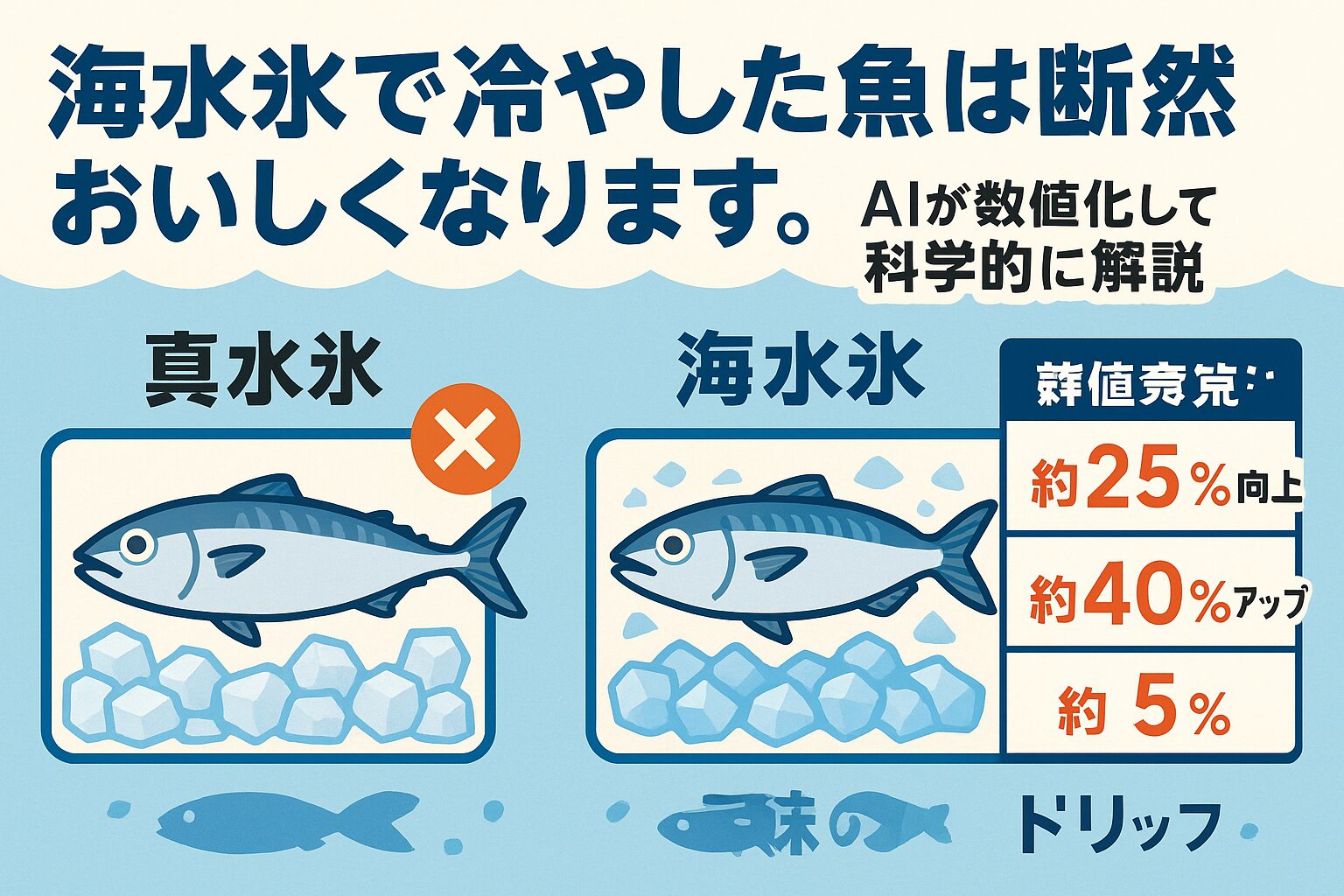 海水氷は真水氷に比べ旨味保持率25％以上、味覚向上40％。 ・鮮度が命の魚（サバ・アジ・イカ・カツオなど）ほど効果が顕著。釣太郎