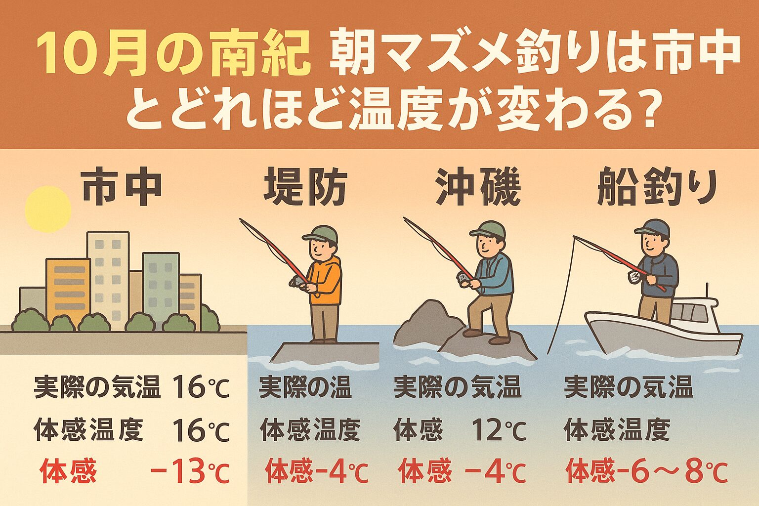 10月の南紀で朝マズメ釣りをする際、市中と堤防・沖磯では体感で3〜4℃、船釣りでは6〜8℃の差が生じる可能性があります。釣太郎