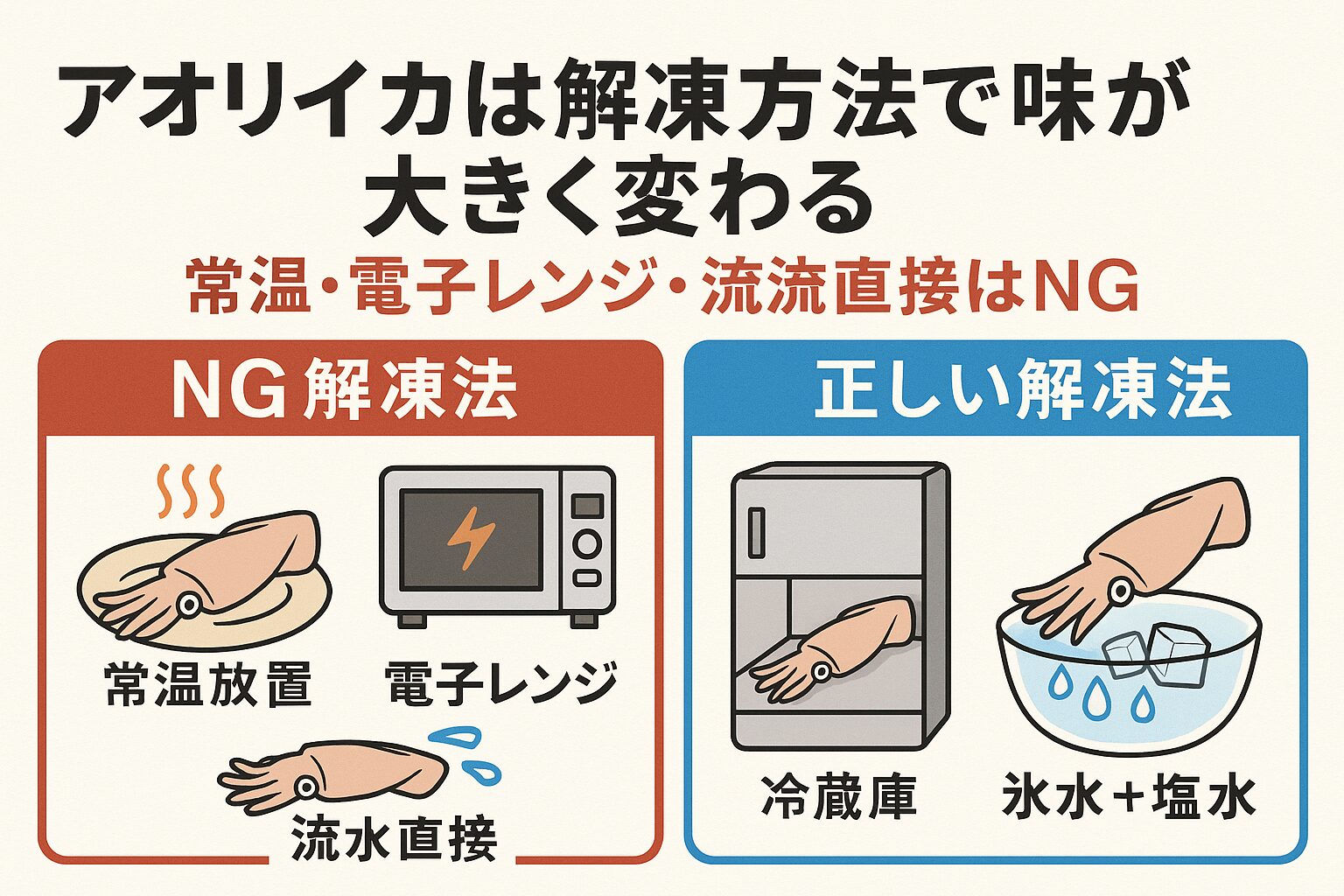 アオリイカは解凍方法で味が大きく変わる。 常温放置・電子レンジ・流水直接はNG。釣太郎