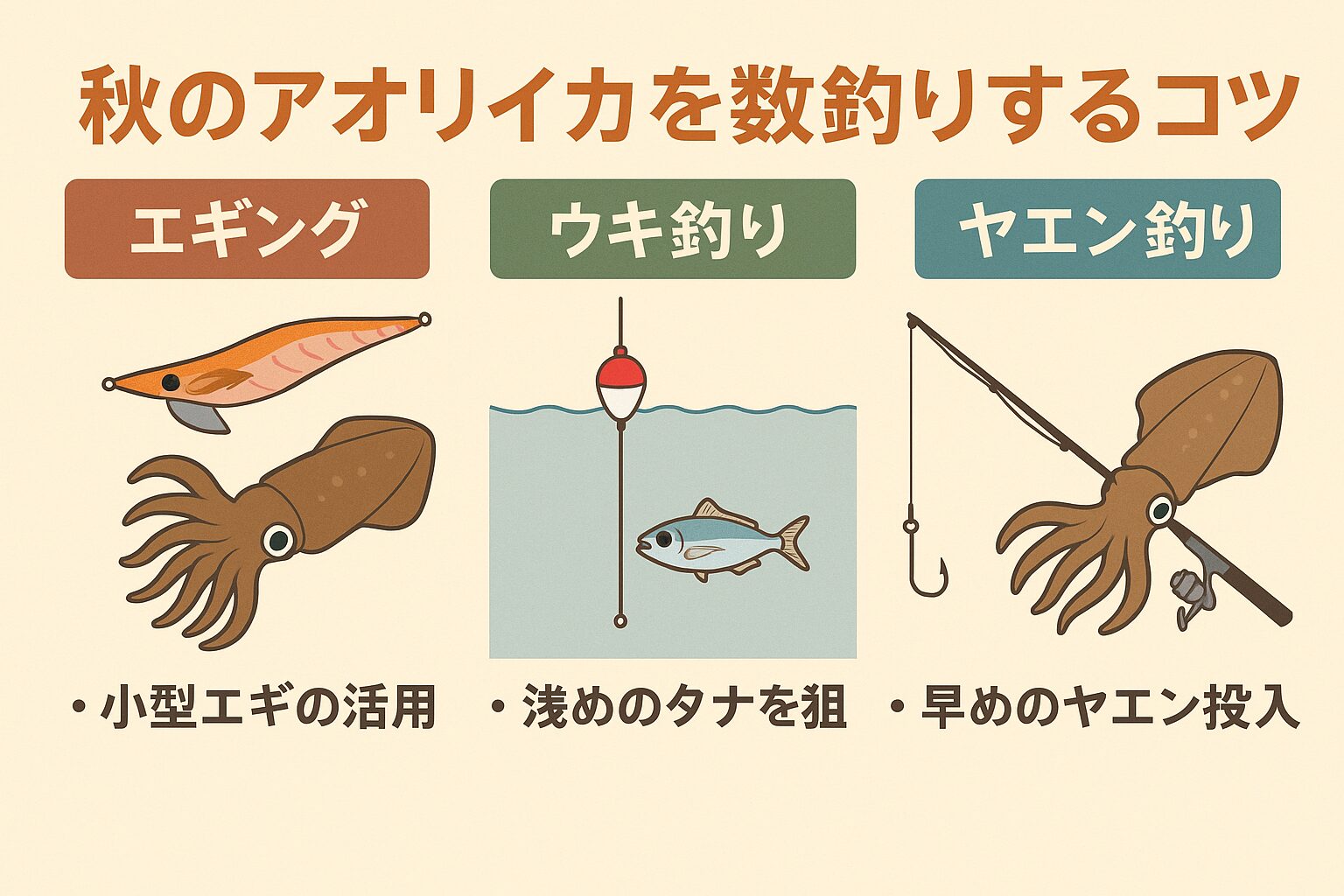 秋のアオリイカは数釣りシーズンの最盛期。 ・エギング＝手返し重視で効率的に攻める・ウキ釣り＝タナ調整とアジの鮮度がポイント・ヤエン釣り＝小型仕掛けで良型混じりも狙える。釣太郎