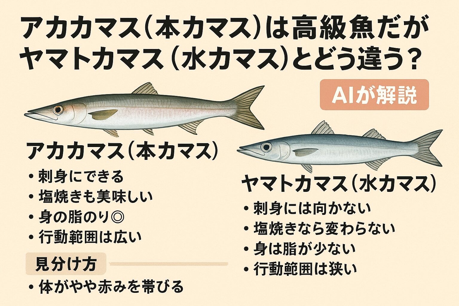 背びれ第2棘の位置：アカカマスは背びれと尻びれの後端がほぼ同じ位置。体型：アカカマスは厚みがあり丸みを帯びる。ヤマトカマスは細長い。色：アカカマスは頬が赤みがかり、ヤマトカマスは青銀色。釣太郎