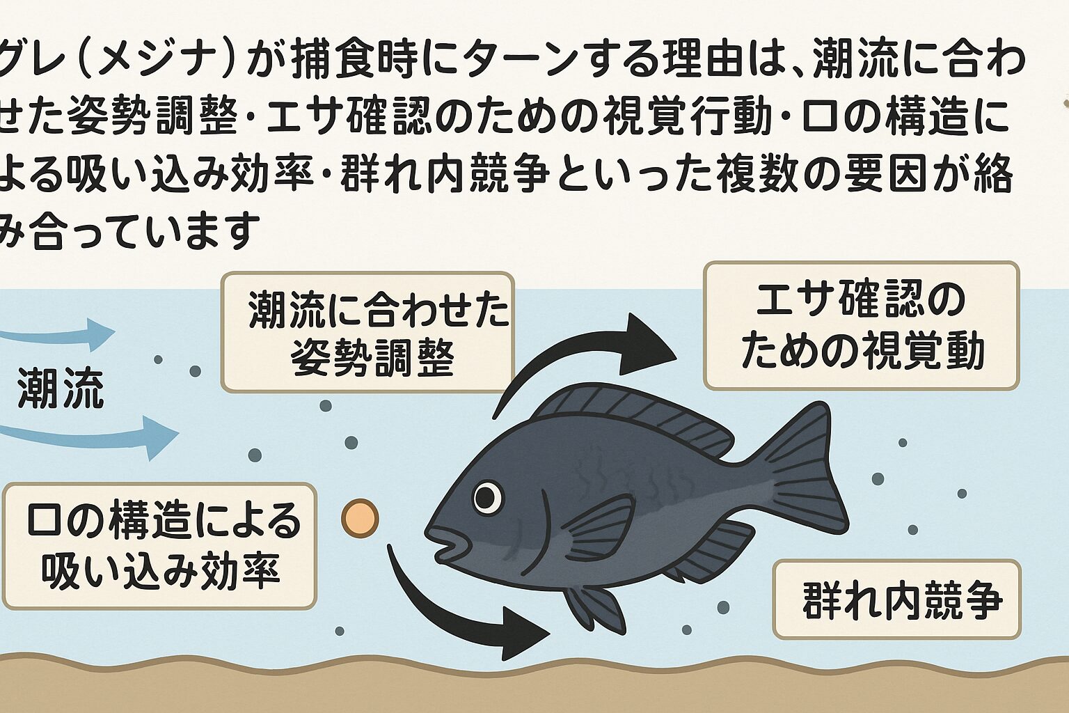 グレ（メジナ）の捕食ターンは、潮流に合わせた姿勢調整・エサ確認のための視覚行動 ・口の構造による吸い込み効率・群れ内競争 これら複数の要因が複雑に絡み合った結果。釣太郎
