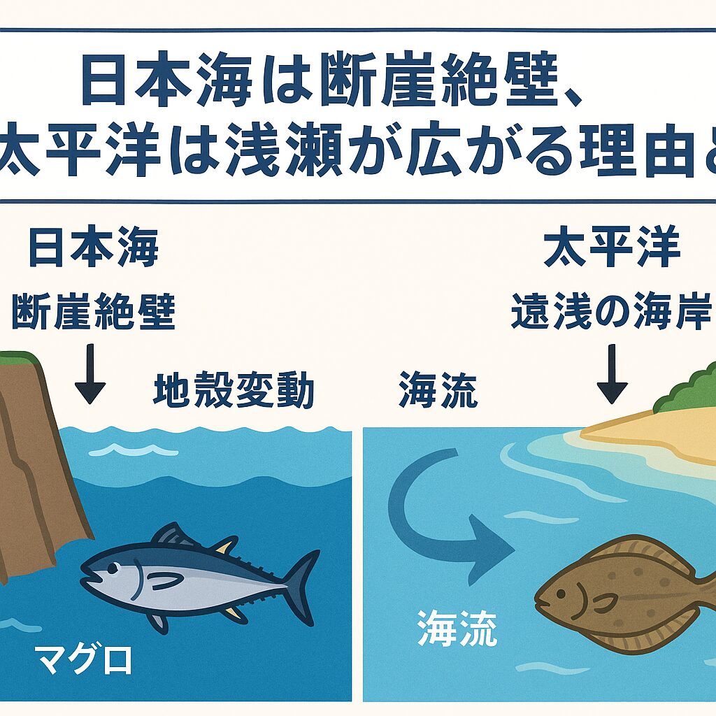 日本海が断崖絶壁を持ち、太平洋が浅瀬を広げるのは ・地殻変動の歴史 ・プレート沈み込みと堆積作用 ・海流の流入・分散 これらが複雑に絡み合った結果.釣太郎