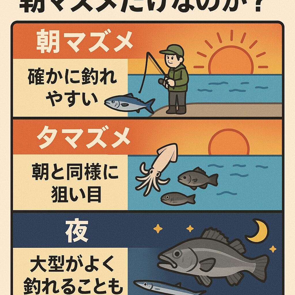 朝マズメは確かに活性が上がる時間帯・しかし、昼や夕マズメ・夜にもチャンスはある・釣果を伸ばすには「時間帯より魚種と条件」を見るのが大切. 釣太郎