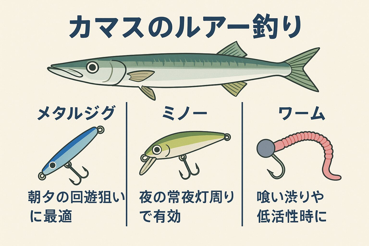 カマスは小魚を追い回すフィッシュイーターで、小型メタルジグ(5〜20g)がベイトにマッチ。釣太郎