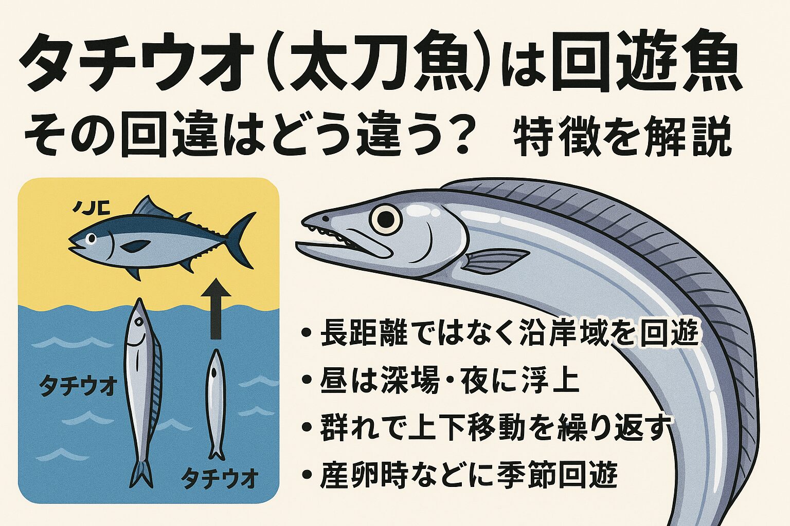 タチウオの回遊は、水平方向の移動だけでなく、垂直方向の移動を常に意識する必要があります。他の回遊魚との違い: 垂直な深浅移動が毎日起こり、遊泳層（タナ）の変動が激しい。釣太郎
