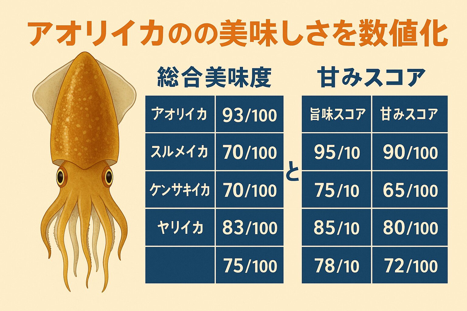 アオリイカは旨味95・甘み90という驚異的な数値を持つ“味覚の王者”。釣太郎