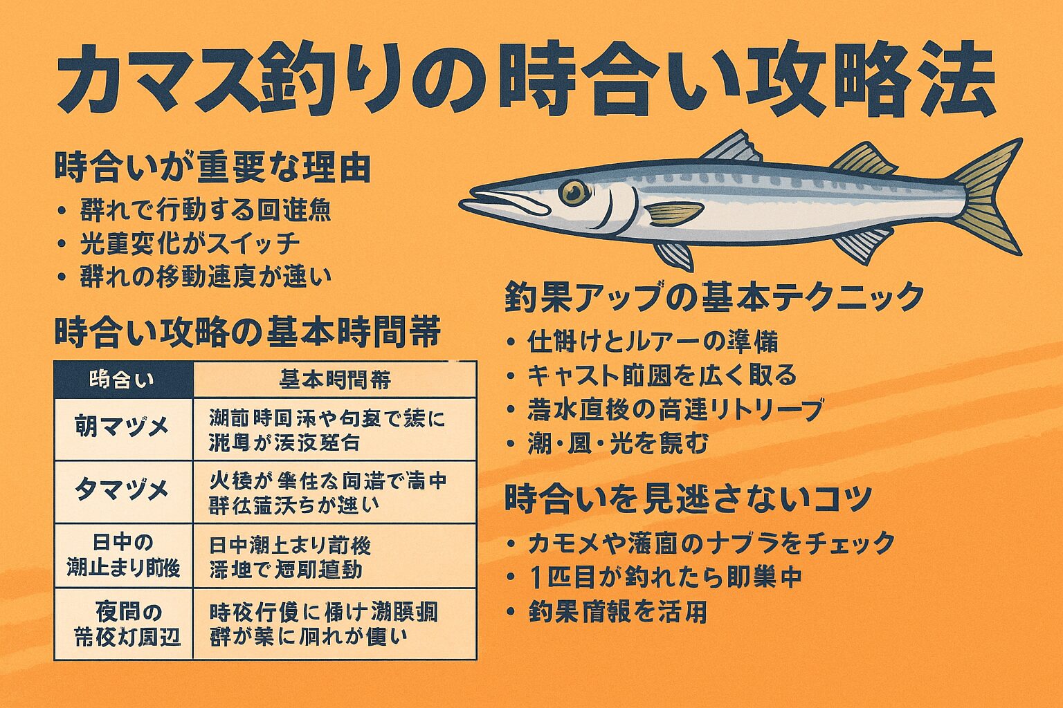 カマス釣りは時合いがすべてと言っても過言ではありません。朝夕マヅメは鉄板。群れを見つけたら一気に勝負 光量・潮・風を読んで先手を打つ。釣太郎