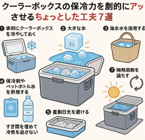 クーラーボックスの保冷力を劇的にアップさせる工夫は、事前の予冷・大きな氷や海水氷の活用・隙間を埋めて冷気を逃さない・直射日光を避け、開閉を最小限にする。釣太郎