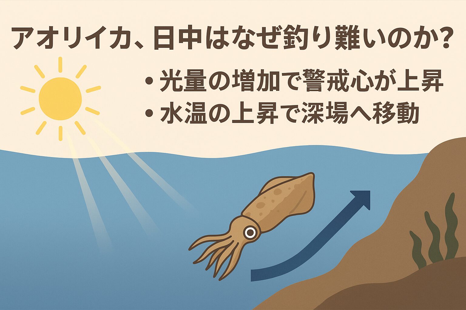 アオリイカが日中に釣り難い理由は、光量増加による警戒心の上昇。表層水温上昇による深場移動。捕食リズムの低下。これら複数の要因が重なるためです。釣太郎