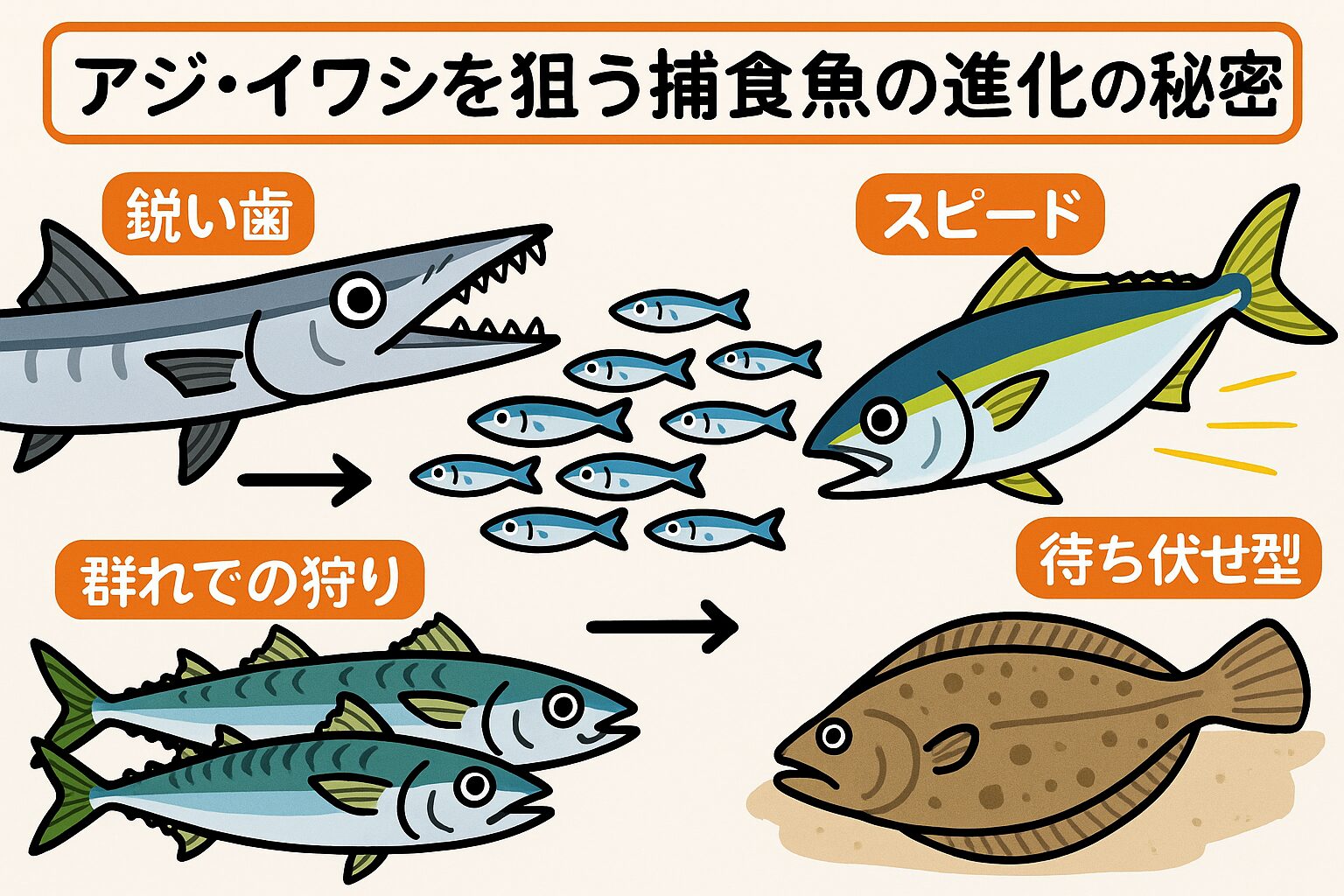 アジ・イワシを狙う捕食魚は、ただ獰猛だから強いのではなく、長い時間をかけて進化した結果、現在の鋭い歯・驚異的なスピード・巧みな戦術を持っています。釣太郎