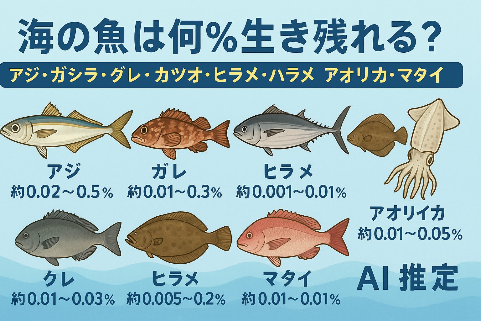 海の魚は何%生き残れる?アジ・ガシラ・グレ・カツオ・ヒラメ・アオリイカ・マダイの生存確率をAIが推定.釣太郎