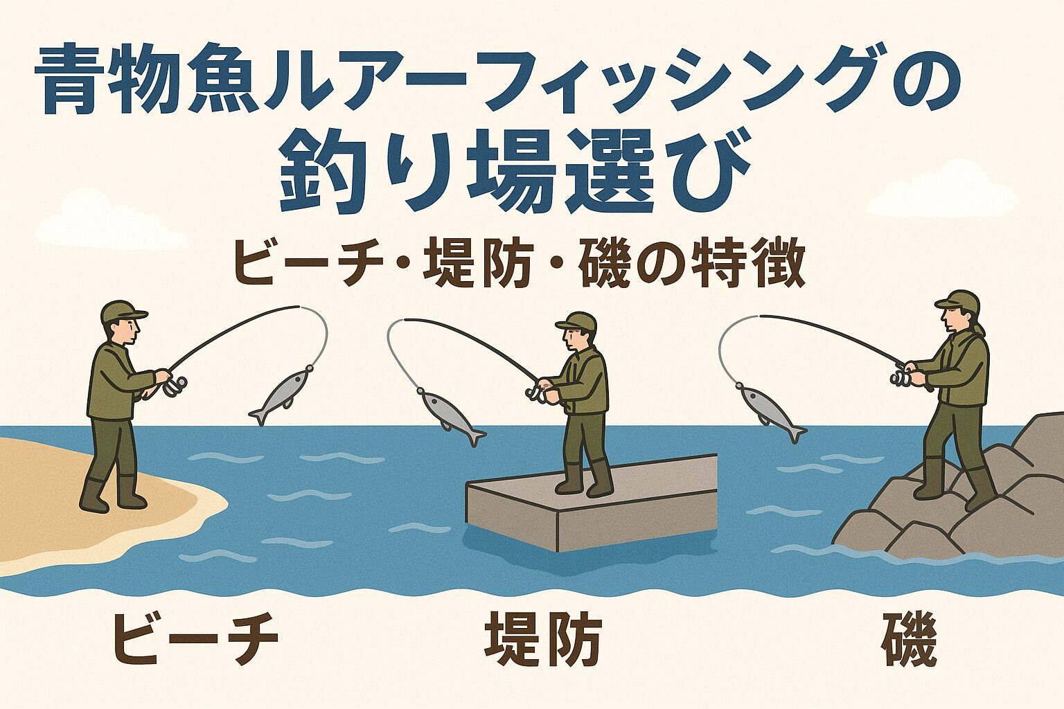 青物ルアーフィッシングは、フィールドによって必要な技術・装備・安全対策が大きく異なります。初心者はビーチで安全に練習 ・中級者は堤防で回遊待ち・上級者は磯で大物狙い。釣太郎