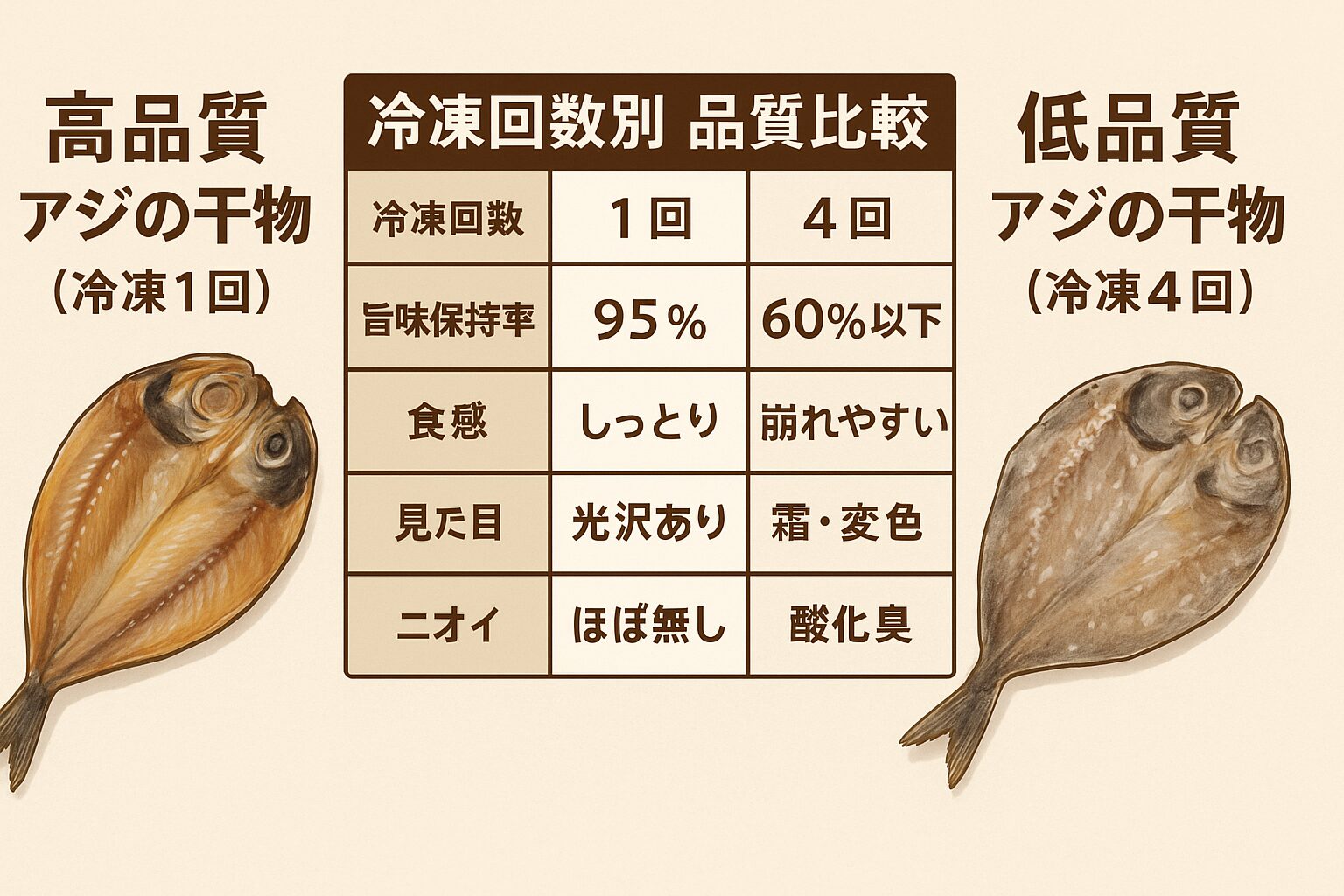 同じアジの干物でも、冷凍の回数が違えば味も食感もまったく異なります。釣太郎