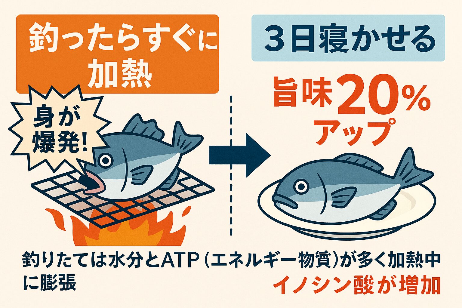 釣りたての魚を加熱するとATP残存により身が爆発しやすい・3日寝かせるとATP→イノシン酸変換で旨味が約20％アップ・塩焼き・煮付けは3日後がベストタイミング。釣太郎