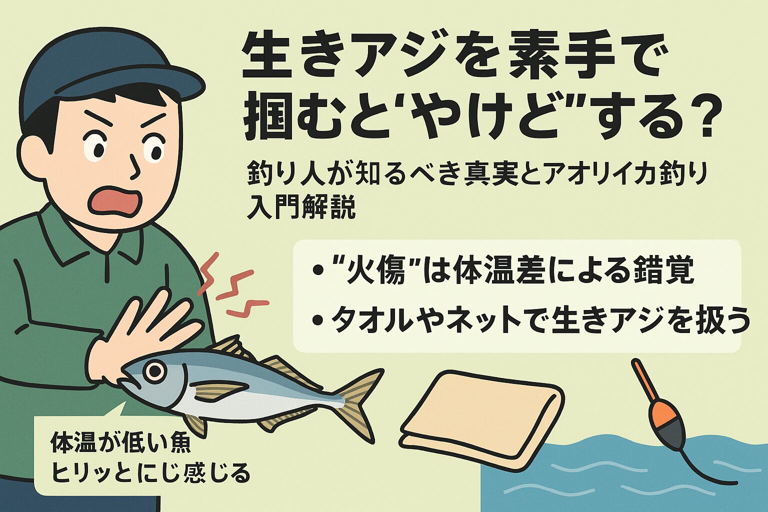生きアジを掴むとやけどする」という話は、体温差による錯覚が原因。素手で長時間掴むと、アジが弱り釣果にも影響します。釣太郎