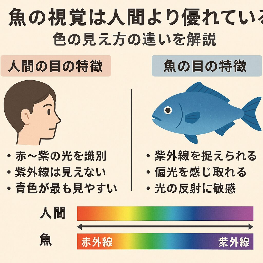 魚の視覚は「人間より優れている」とは一概に言えませんが、光や色の識別能力は種類ごとに特化・紫外線や偏光を感知できる魚もいる・動きや反射に対して人間以上に敏感.釣太郎