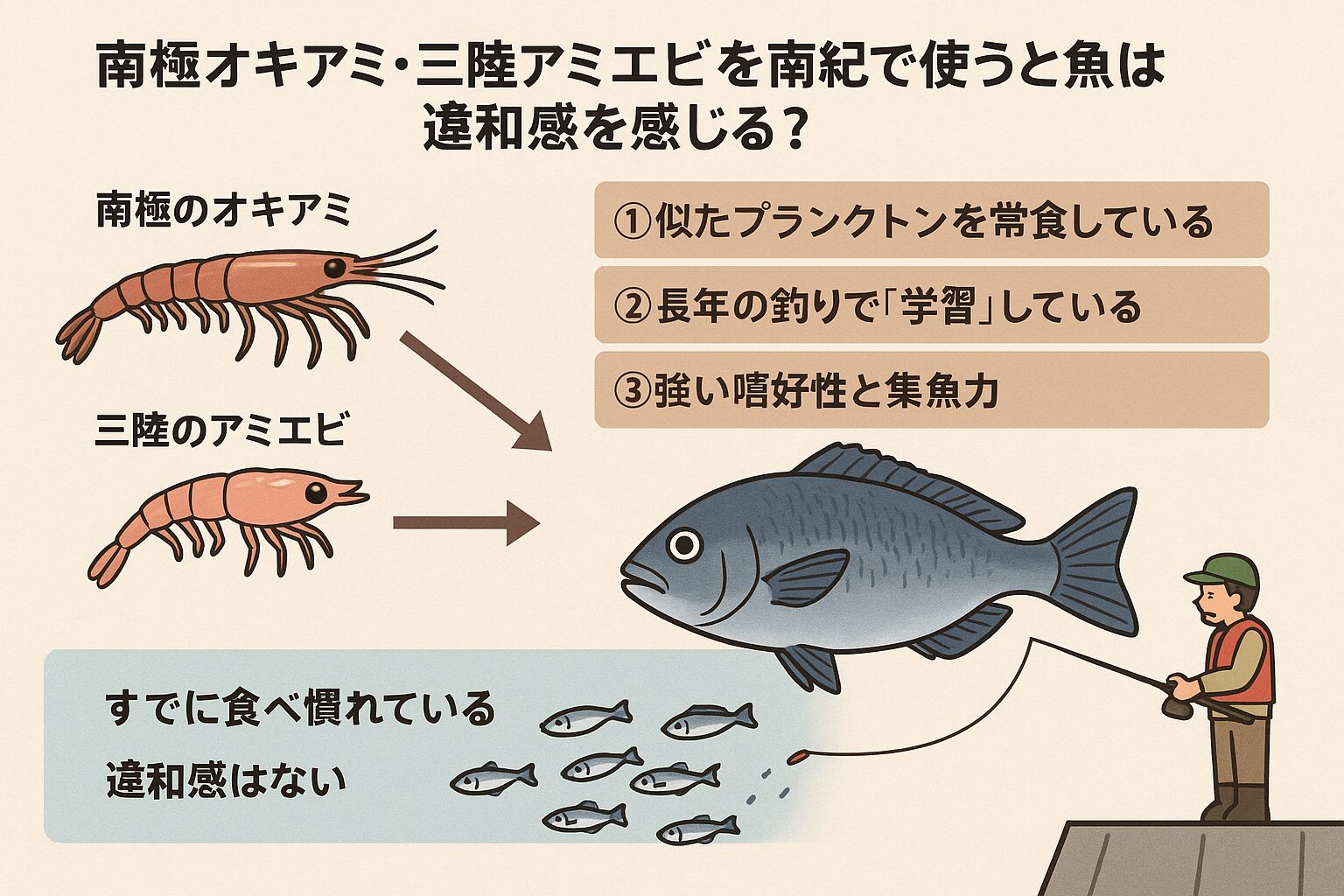 南紀地方にはオキアミもアミエビもない・それでも魚が違和感なく食べるのは、もともと似たプランクトンを食べていることと、長年の釣り文化で学習してきたことが理由。釣太郎