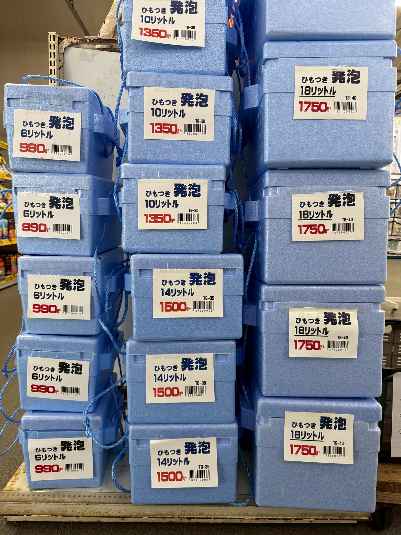 ひも付き発泡クーラーボックス。魚、飲料を冷やすのに最適。釣太郎