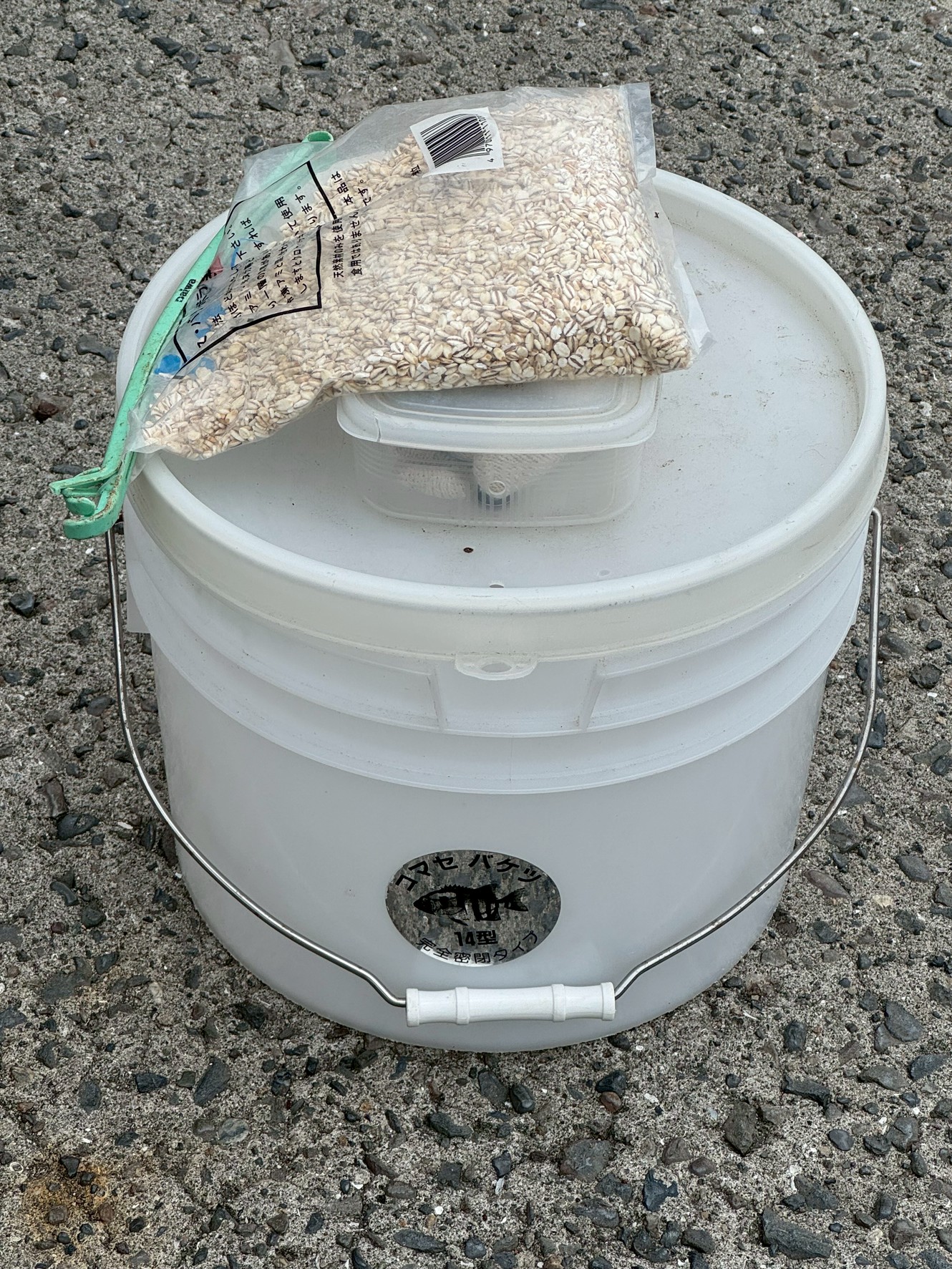 エサまぜ場にバケツ、押し麦の忘れ物です。釣太郎