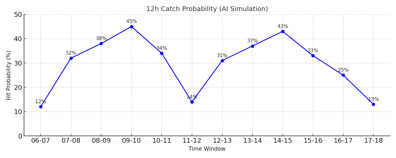潮どまりは釣れない。 AIが12時間のヒット率を％で可視化し、潮が動く時間に釣果が集中する事実を示す。釣太郎