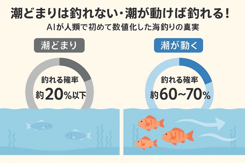 釣れる確率は潮どまりで20％、潮が動けば60〜80％。AIが人類初の数値化しました。釣太郎