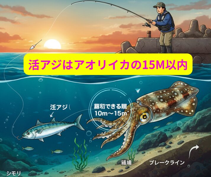 活アジは「アオリイカの索敵範囲＝約15m」を意識する。ヤエン釣り入門。釣太郎