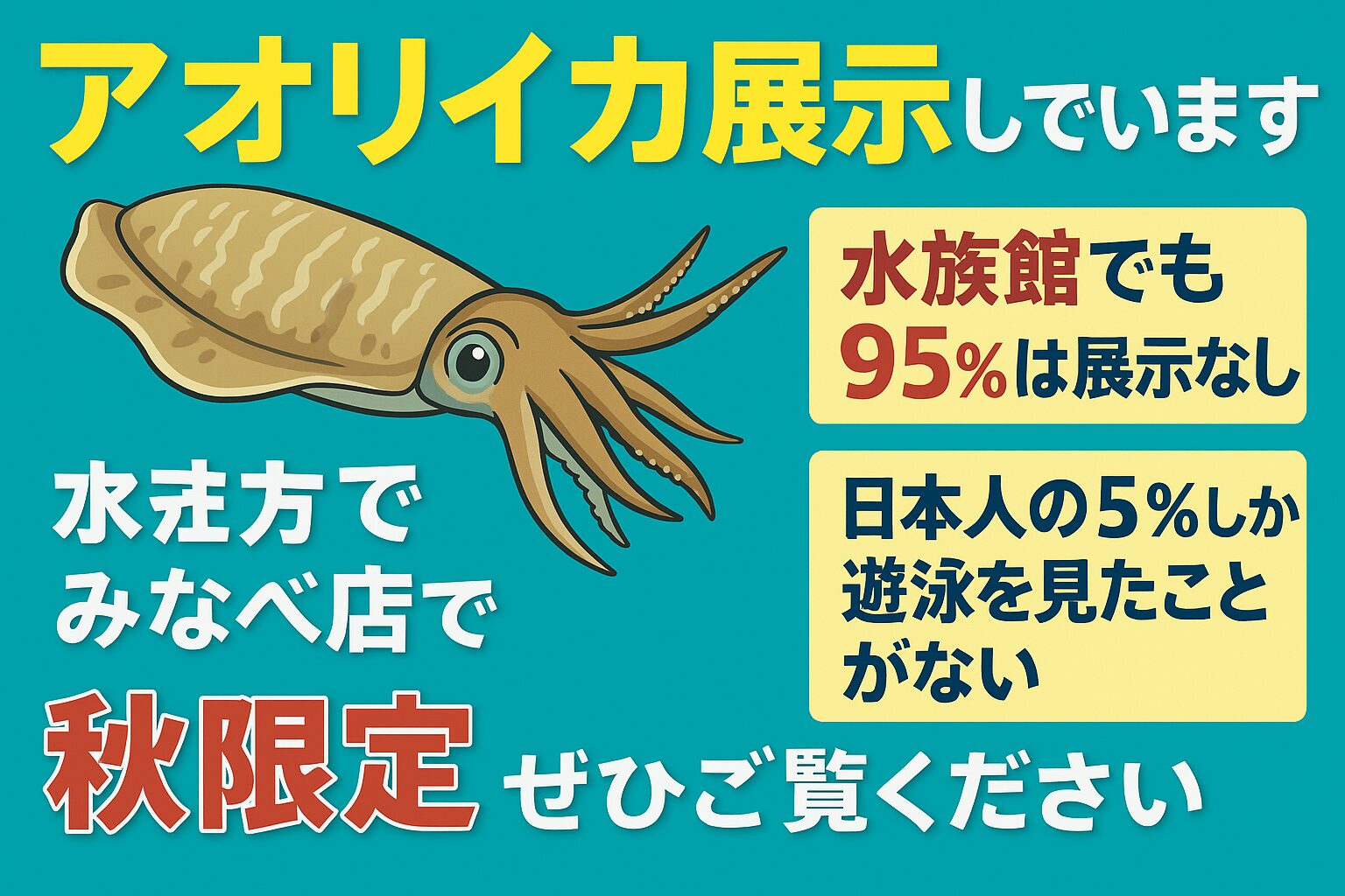 水族館の95％が展示できないほど飼育が難しいアオリイカ。釣太郎みなべ店が業界唯一の展示に成功。生きて泳ぐ姿を見たことがある日本人はわずか5％。秋限定の展示で、今しか見られない。