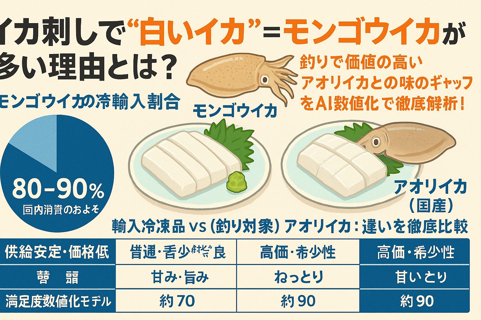 刺身文化の中で「白いイカ＝紋甲イカ」が量的に主流になっている背景には、まさに輸入冷凍モンゴウイカの流通力があるのです。一方で、釣り人にとって「アオリイカを自分で釣って、捌いて刺身で食べる」価値は、数値化モデルでも明確に“一段上”に位置づけられます。釣太郎