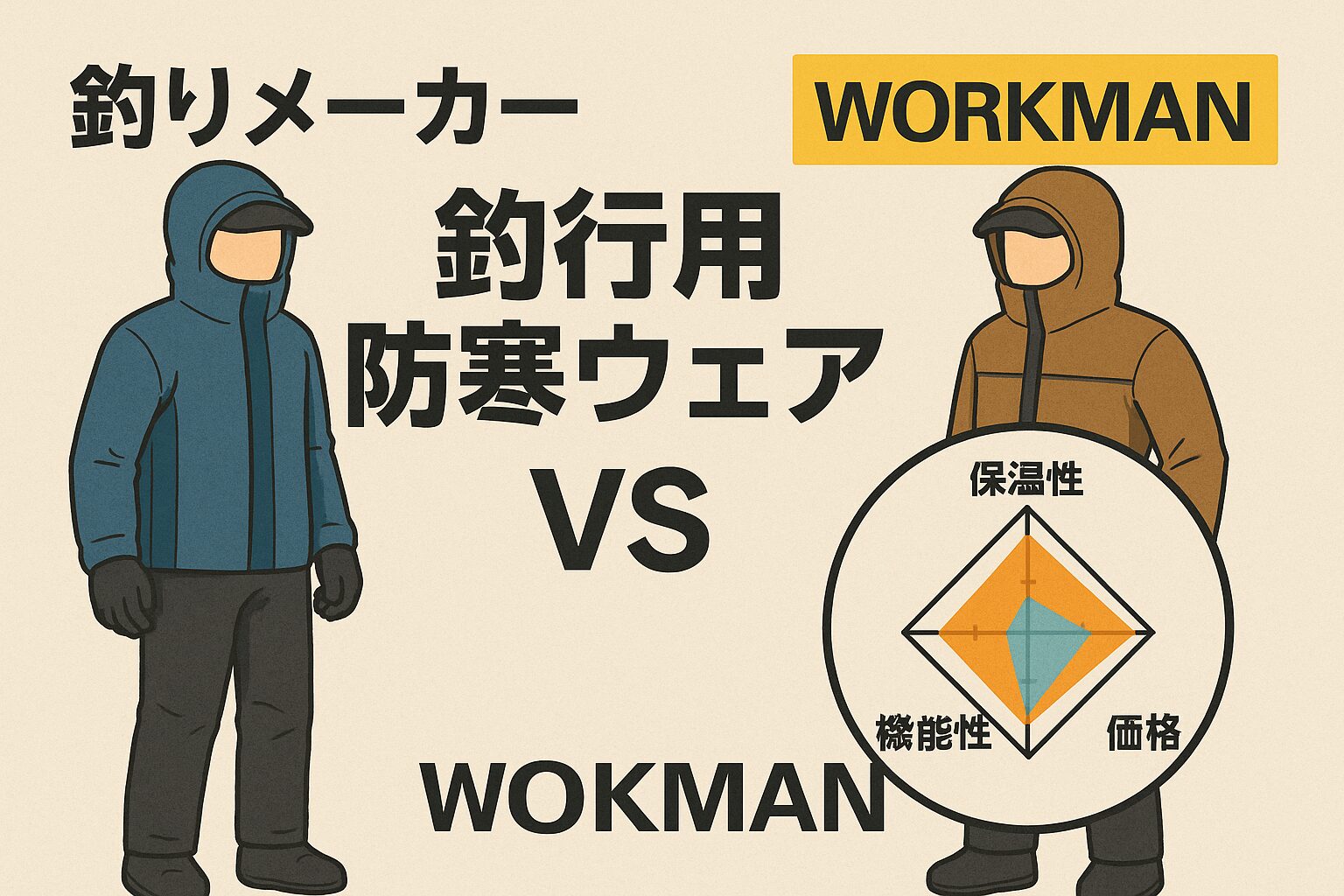釣り防寒ウェア、体感性能は「保温×防水透湿×遮風」の掛け算。 ・ワークマンは軽さと価格が武器。釣りメーカーは荒天下の安定性能と耐塩害が武器。・釣行頻度と天候で総保有コストが逆転する。釣太郎