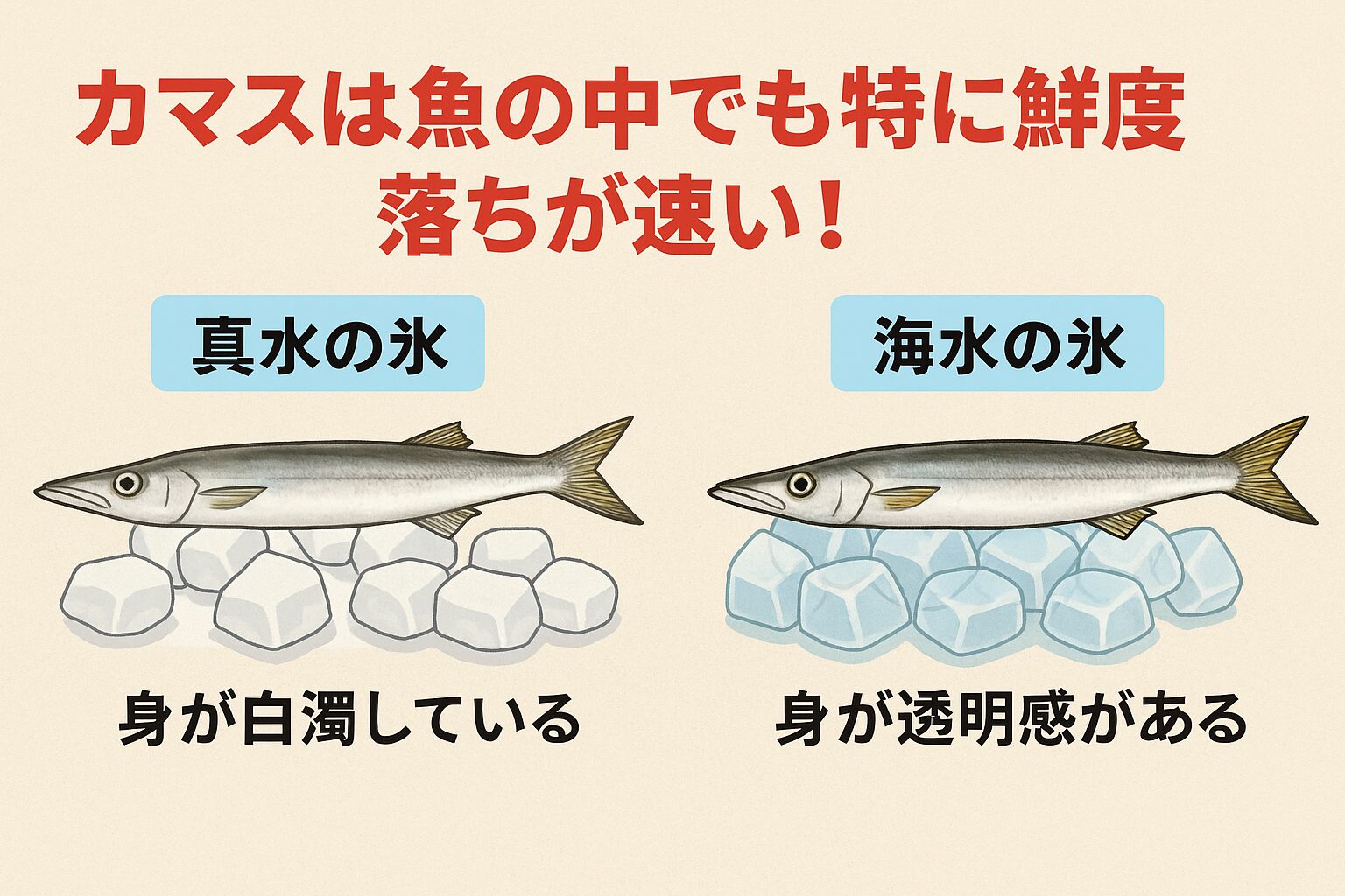 カマスは鮮度が落ちるスピードが極めて速い ・真水は身を壊すため、鮮度管理には海水を凍らせた海水氷を使用すること。釣太郎