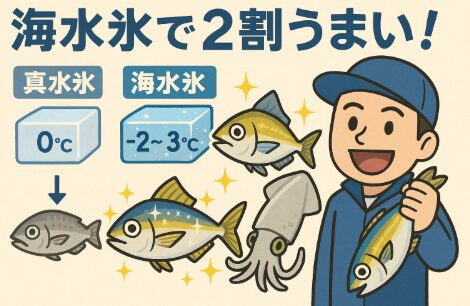 海水氷は、単なる“氷”ではなく、魚の美味しさを最大限に引き出す「冷却調味料」。身が締まりドリップが少なく見た目が美しい。何より食べた瞬間の旨味が違う。釣太郎