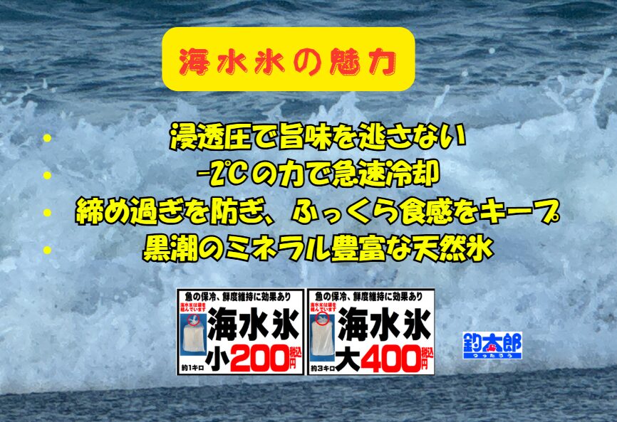 釣太郎の海水氷は、ただの塩水で作った氷ではありません。目の前に広がる豊穣の海、黒潮の海水をそのまま凍らせた天然の海水氷です。余計な加工をしていないため、海のミネラル成分がそのまま含まれています。
