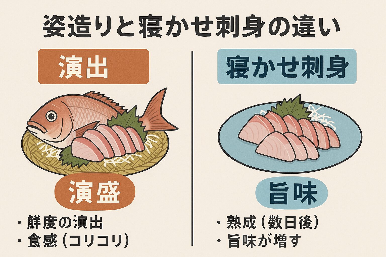 刺身は釣りたてよりも、適切に処理して数日寝かせた方が旨味が増す。姿活け造りは“鮮度演出”を目的とした料理であり、味覚のピークではない。釣太郎