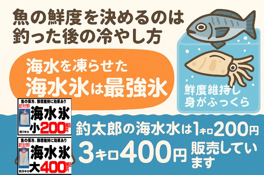 釣果を“最高の味”で持ち帰るなら、魚の鮮度は釣った後の冷却で決まる。 釣太郎の海水氷は、魚に優しく、冷却力も抜群。