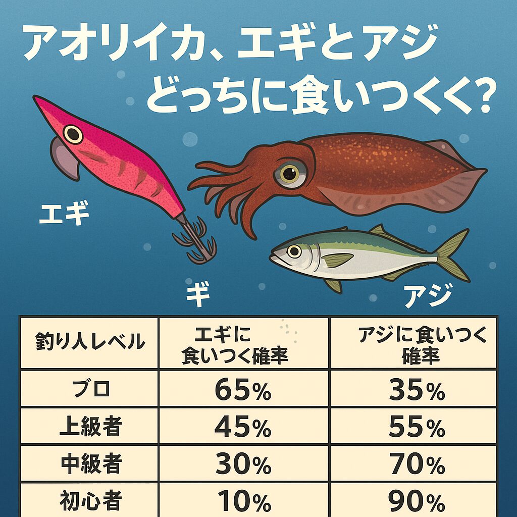 アオリイカは本能的には“生き餌を選ぶ”傾向がある。・ただし、エギングプロはその本能を「演出」で上回る。・AI分析では、プロなら65％の確率でエギが勝利。・中級者以下は、活アジが圧倒的優勢（70〜90％）。釣太郎