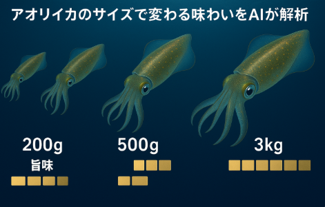 アオリイカ、200g（新子） → 甘みを楽しむ刺身や天ぷらに最適。500g → 旨味と甘味の黄金バランス、万能サイズ。1kg → 旨味ピーク、寝かせ刺身や寿司に最適。3kg → 旨味濃厚、火を通す料理で真価発揮。釣太郎