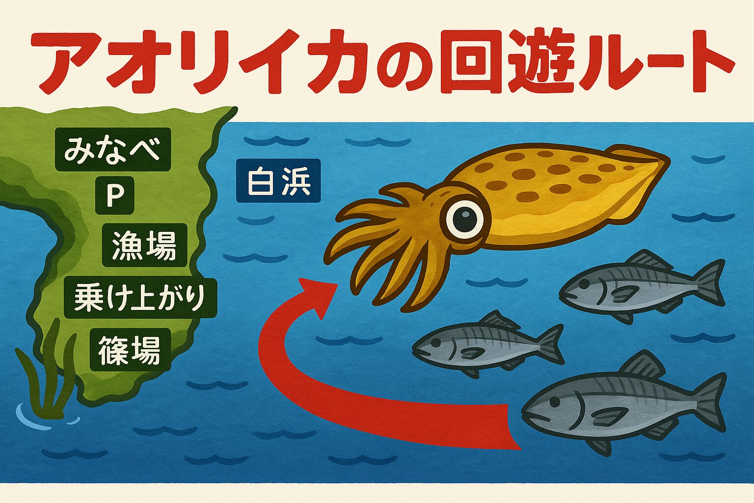 アオリイカの回遊ルートは、地図を見て「地形」からルートの候補（岬、ブレイク）を予測する。潮汐表で「潮流」が動く時間帯を狙う。潮目やヨレを探す。現場で「ベイト」の存在を確認し、ルートを最終特定する。釣太郎