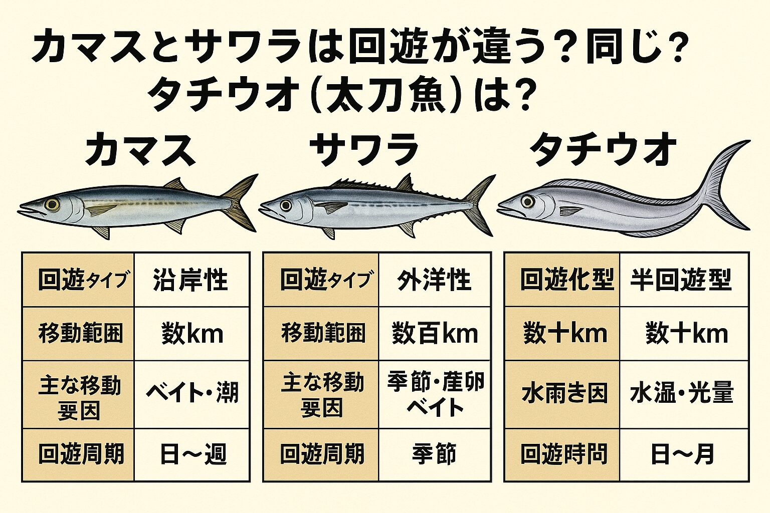 「回遊魚」という共通点を持ちながら、実は動く目的も距離もまったく異なります。カマス：小回り回遊で群れ勝負。サワラ：広域回遊で季節勝負。タチウオ：深浅回遊で時間勝負。この違いを理解すれば、釣行のタイミング選びが格段に上達します。釣太郎