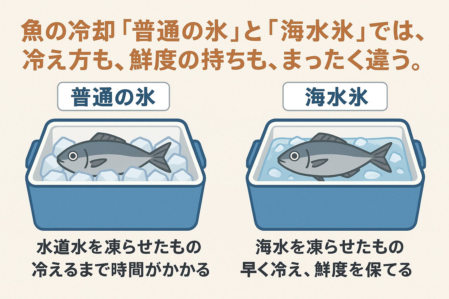 海水氷は塩分を含むため−1.8℃でも液体を保ち、普通氷より30％速く冷却。魚の細胞を守り、鮮度保持率は約1.7倍。ドリップ流出を防ぎ、臭いも抑制。釣果を美味しく保つなら、冷却は「海水氷」で決まり。釣太郎