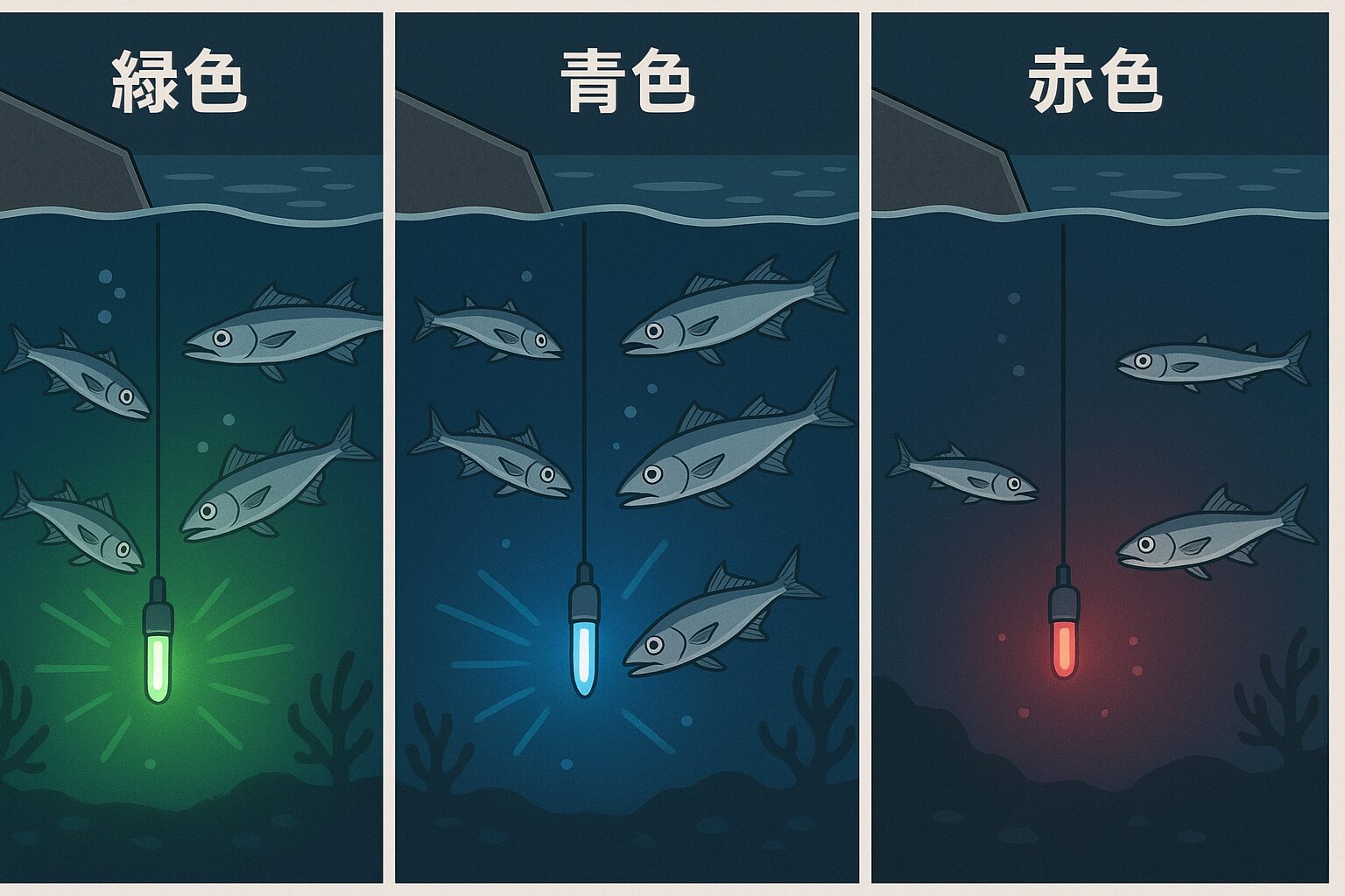 夜釣りのタチウオ釣りにおいて、水中ライト・ケミホタルの「色」は釣果を左右する重要な要素。ポイントは魚は夜間に光を頼って動き、小魚・プランクトンを追ってタチウオも集まる。水中では青～緑系（特に500 nm付近）が透過性・視認性ともに優れ、タチウオ釣りに最も有効。青系は透明度の高い海域・遠距離アピールに、緑系は汎用・濁り潮に適する。釣太郎