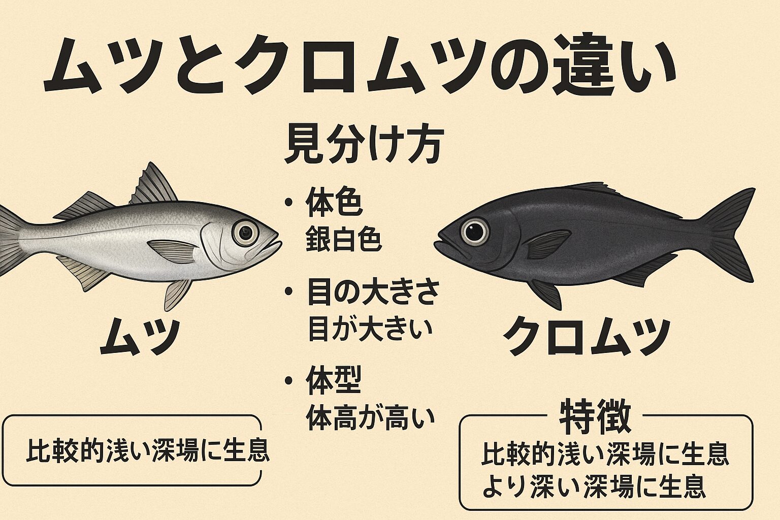 ムツとクロムツは、名前が似ていて混同されやすいですが、体色（ムツは明るめ、クロムツは黒っぽい）生息域（水深の違い）食味（ムツは濃厚、クロムツは上品）といった明確な違いがあります。釣太郎
