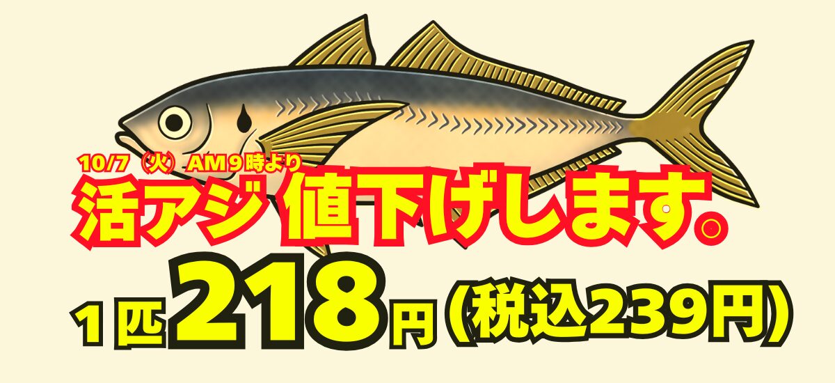 アオリイカ釣り用エサ活アジ、7日午前9時より239円(税込)に値下げいたします。釣太郎