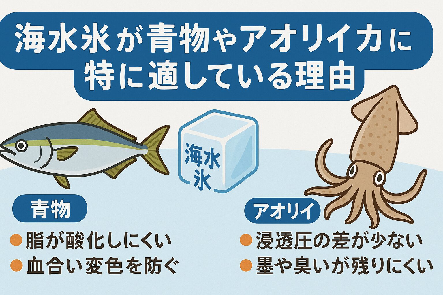海水氷は、ただの冷却手段ではありません。 それは「魚体保護と旨味維持を両立する、最も自然な保存環境」です。青物には脂の酸化抑制・血合い変色防止効果。アオリイカには浸透圧保護・透明感維持・臭い減少効果。これらすべてを満たせるのは、海水氷だけです。釣太郎