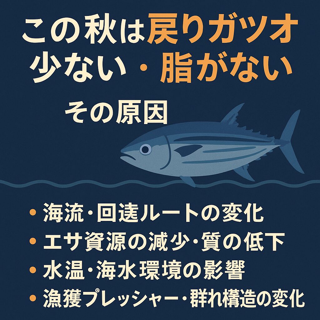 今年の秋に「戻りガツオが少ない・脂が少ない」という現象は、以下の複数の要因が複合的に作用した結果と考えられます：海流・回遊ルートの変化による沿岸接岸の遅れ・量の減少。餌資源の減少・分散による脂蓄積の機会の減少。水温・海水環境の変化による餌場・活性の低下。漁獲プレッシャー・群れ構造の変化による資源量低下。釣太郎
