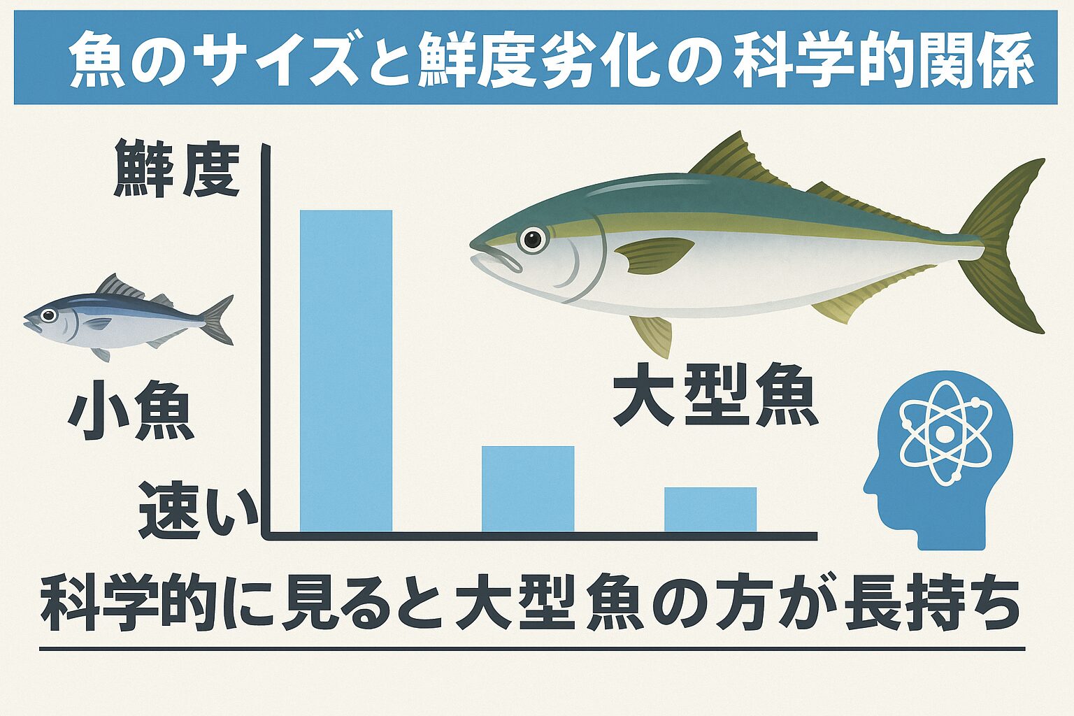 小魚ほど酸化しやすく、鮮度劣化が早い。 大型魚は表面積比が小さく、代謝も遅いため長持ち。冷やす温度よりも「安定温度」が重要。海水氷を使うことで、魚のサイズ差を補える。釣太郎