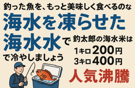 釣った魚を美味しく食べるなら、真水氷ではなく「海水氷」。魚の細胞を壊さず、旨味を閉じ込め、見た目も美しく保ちます。
釣太郎の海水氷(1kg200円・3kg400円)は、今や釣り人の必需品です。